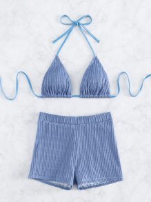 SHEIN Swim Summer Beach Schiffy Bikini Set Tie Back Halter Triangle Bra Top & Shorts 2 Pieces Bikini - Blue - View 5