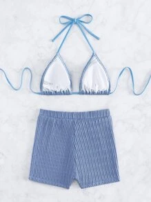 SHEIN Swim Summer Beach Schiffy Bikini Set Tie Back Halter Triangle Bra Top & Shorts 2 Pieces Bikini - Blue - View 6