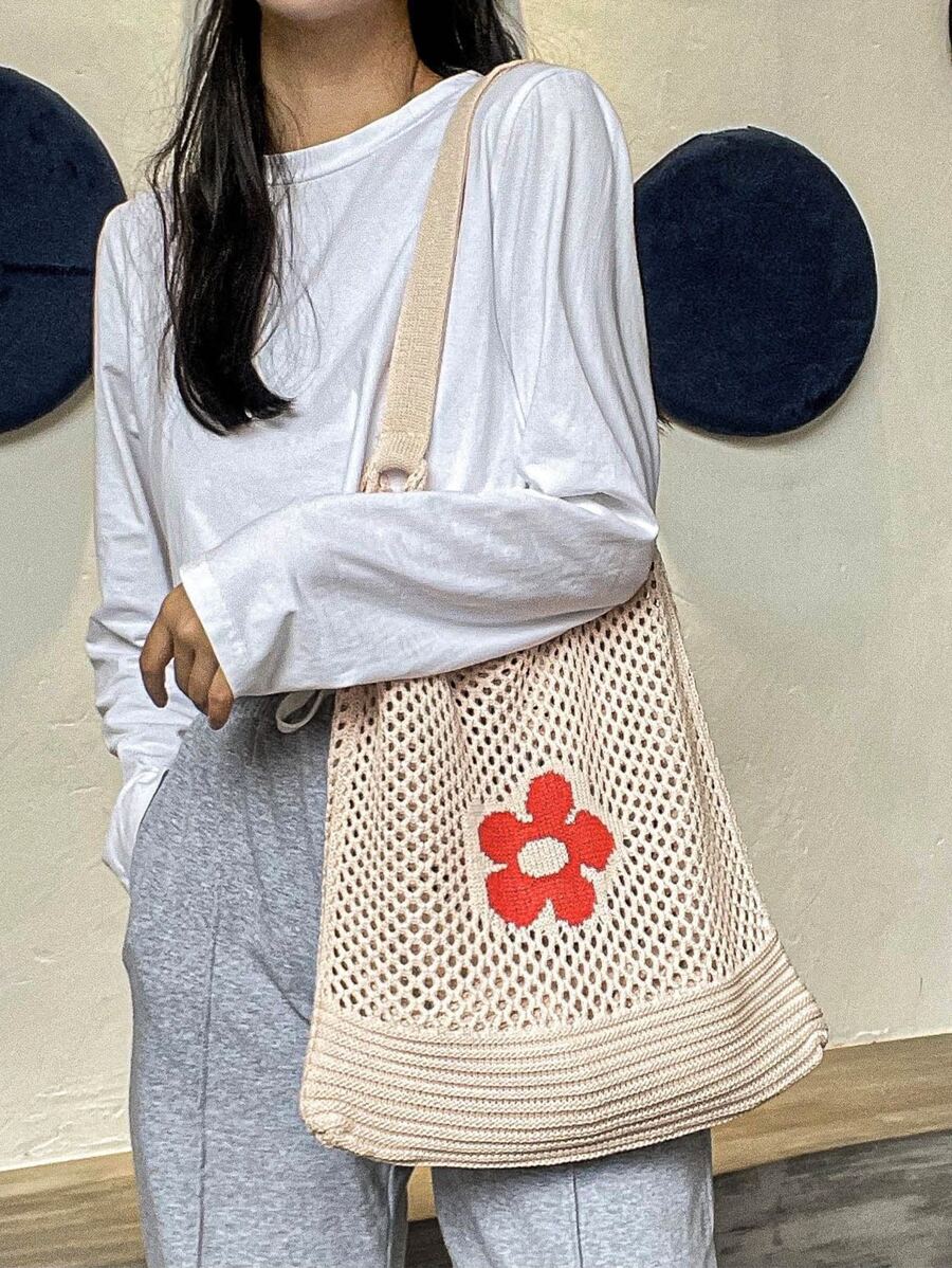花朵印花圖案勾織單肩包,時髦包適用於購物和約會,休閒購物袋托特包 - 米色 - 查看 1