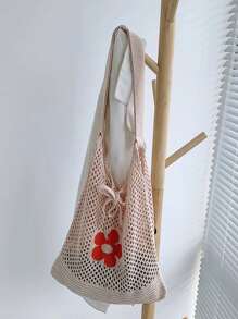 花朵印花圖案勾織單肩包,時髦包適用於購物和約會,休閒購物袋托特包 - 米色 - 查看 3