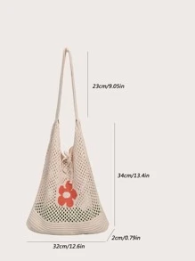 花朵印花圖案勾織單肩包,時髦包適用於購物和約會,休閒購物袋托特包 - 米色 - 查看 2