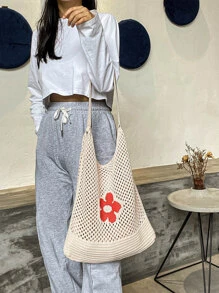 花朵印花圖案勾織單肩包,時髦包適用於購物和約會,休閒購物袋托特包 - 米色 - 查看 5