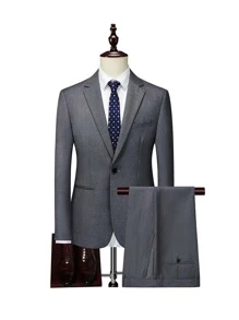 Manfinity Mode 男士1入組單釦西裝外套和1入組西裝褲 - 灰色 - 查看 1