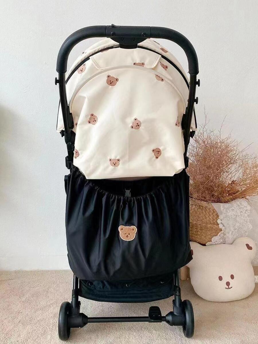 1pc Baby Stroller Bear Patch Decor Storage Bag - Black - View 1
