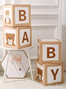 Hộp 4 bóng giấy, Hộp quà trang trí tiệc hình gấu & chữ cái cho bữa tiệc - Màu be - Xem 1