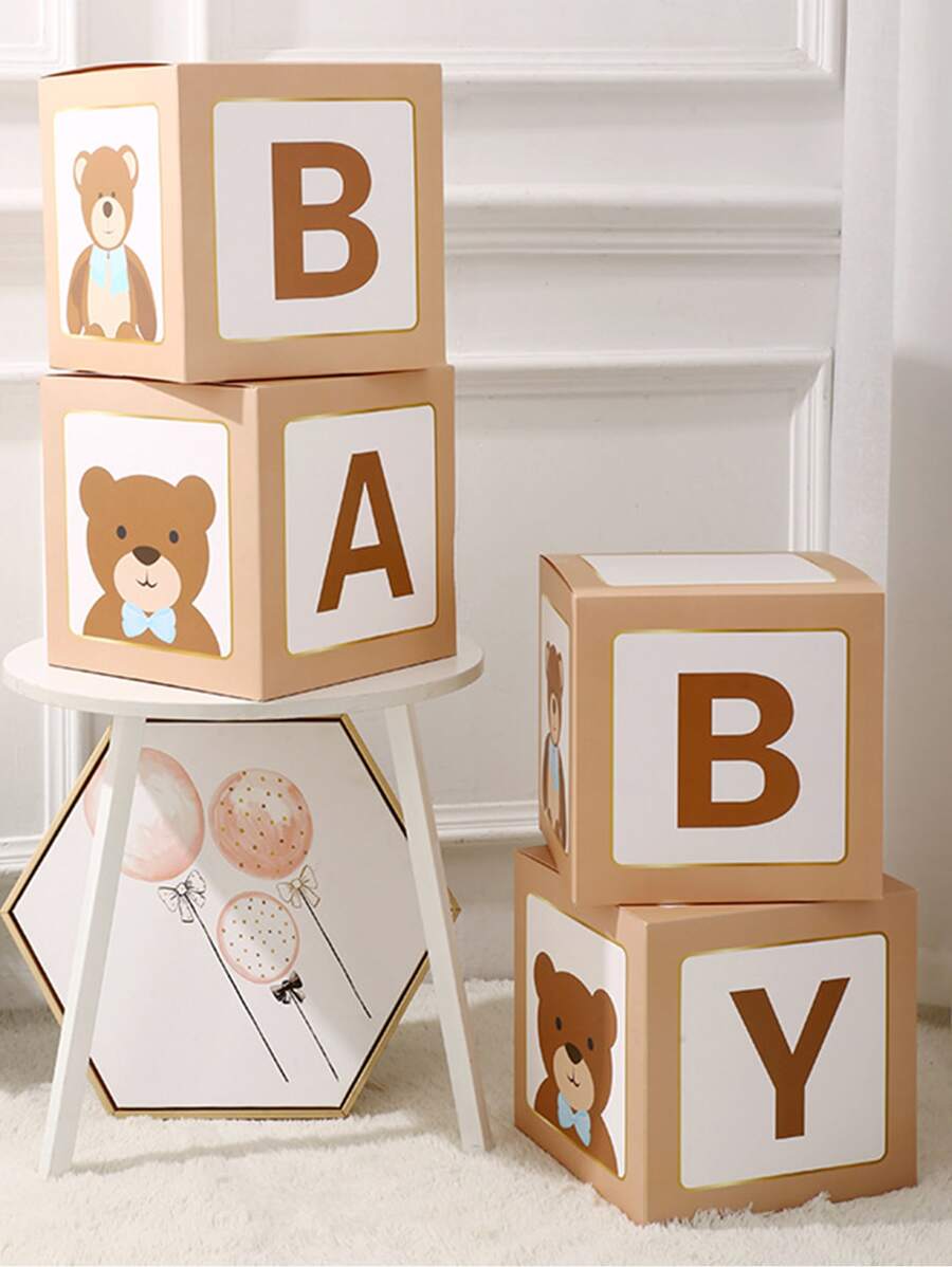 Hộp 4 bóng giấy, Hộp quà trang trí tiệc hình gấu & chữ cái cho bữa tiệc - Màu be - Xem 1