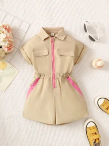 Young Girl Flap Detail Half Zip Shirt Romper