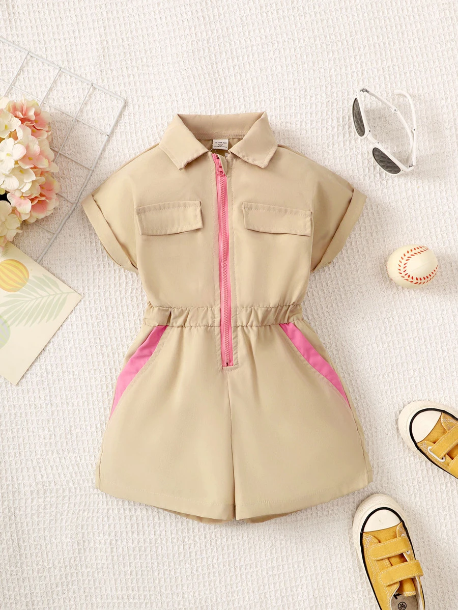 Young Girl Flap Detail Half Zip Shirt Romper