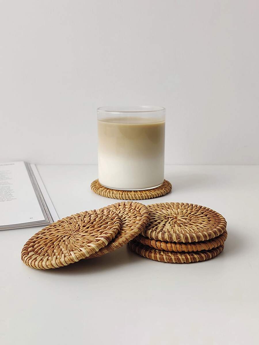 1pc/5pcs-1set Round Rattan Insulated Cup Coasters - Multicolor - View 1