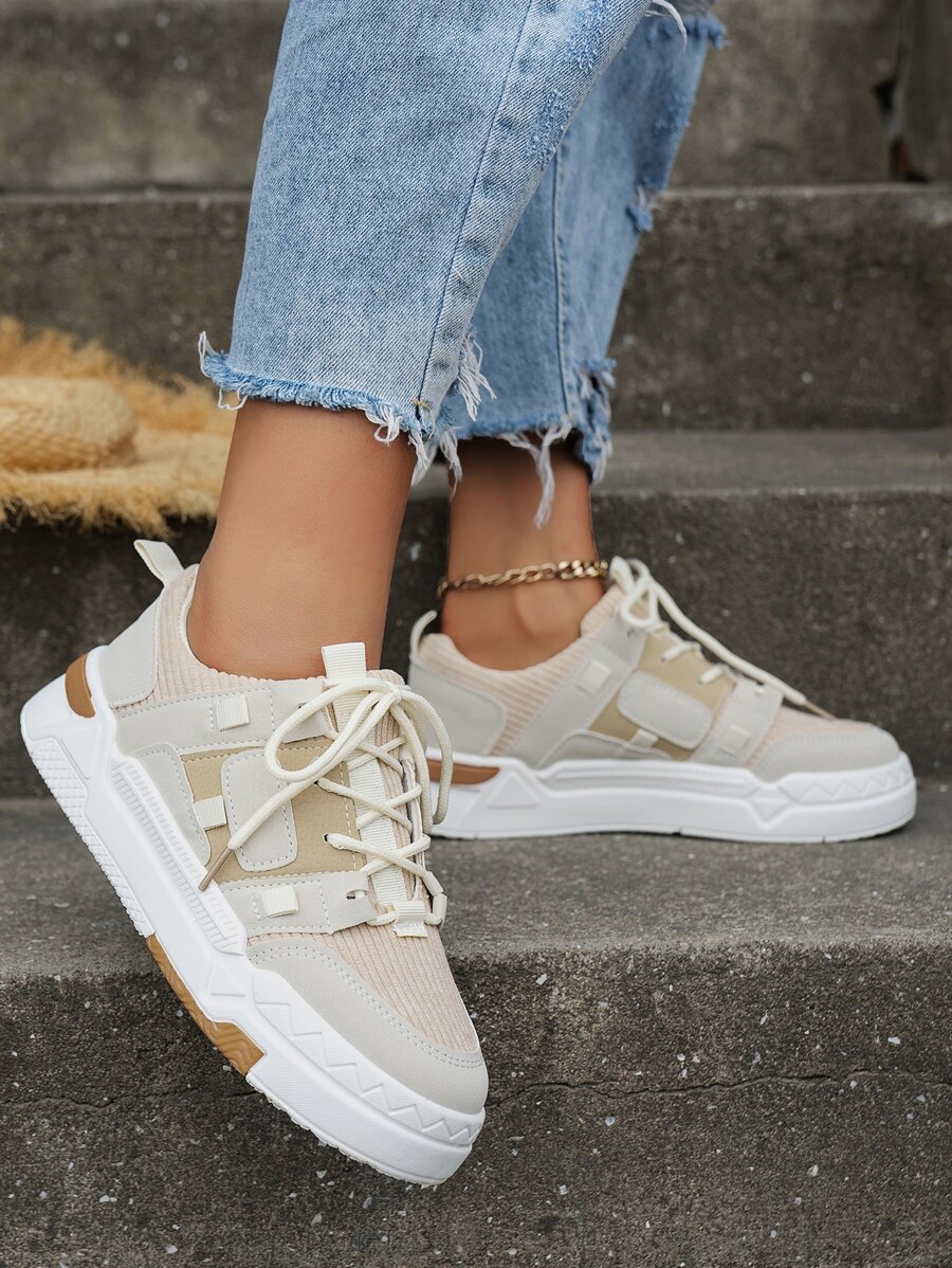 女士撞色燈芯絨前綁帶復古休閒鞋 - 彩色 - 查看 1