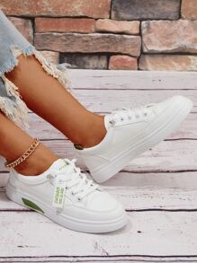 Damskie buty casualowe Kolorowe bloki Litera Sznurowane Wyszykowany Sportowy - Biały - Zobacz 3