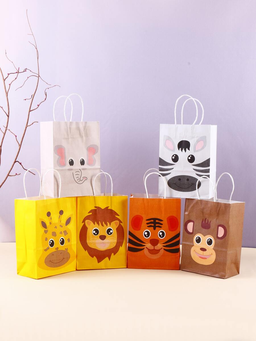 6pcs/set Paper Gift Wrapping Bag, Cartoon Animal Pattern Gift Bag For Party - Multicolor - View 1