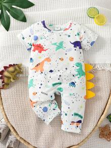 SHEIN Newborn Baby Boy Dinosaur Print 3D Patched Design Tee Jumpsuit - White - View 1