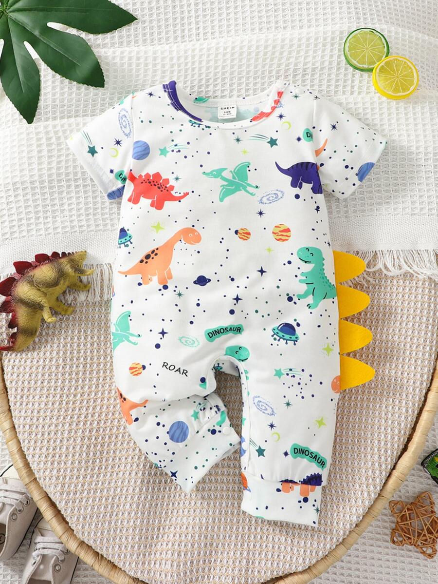 SHEIN Newborn Baby Boy Dinosaur Print 3D Patched Design Tee Jumpsuit - White - View 1