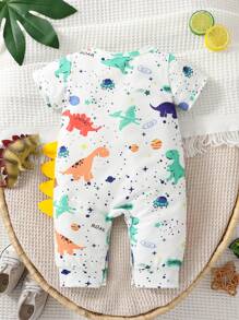 SHEIN Newborn Baby Boy Dinosaur Print 3D Patched Design Tee Jumpsuit - White - View 2
