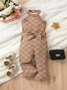 Baby Girl Allover Print Halter Neck Flare Leg Jumpsuit - Khaki - View 1