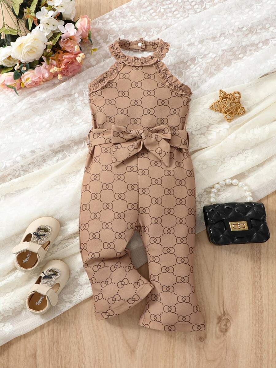 Baby Girl Allover Print Halter Neck Flare Leg Jumpsuit - Khaki - View 1