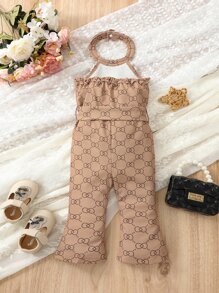 Baby Girl Allover Print Halter Neck Flare Leg Jumpsuit - Khaki - View 2