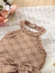 Baby Girl Allover Print Halter Neck Flare Leg Jumpsuit - Khaki - View 5