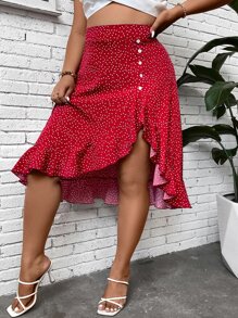 SHEIN Clasi 大碼波點圖案荷葉邊紐扣細節半身裙 - 紅白色 - 查看 3