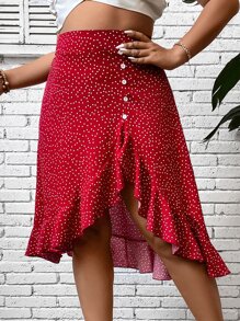 SHEIN Clasi 大碼波點圖案荷葉邊紐扣細節半身裙 - 紅白色 - 查看 5