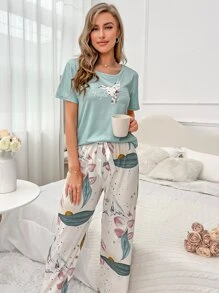 印花T恤和褲子睡衣套裝 - 彩色 - 查看 5