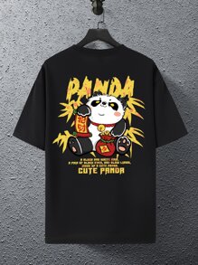 Manfinity 男士卡通和標語圖案落肩T恤 - 黑色 - 查看 5