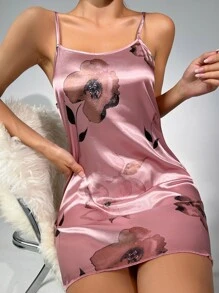 Floral Print Satin Cami Nightdress - Pink - View 4