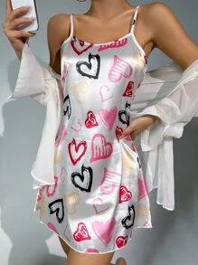 愛心圖案緞面吊帶睡裙 - 彩色 - 查看 3
