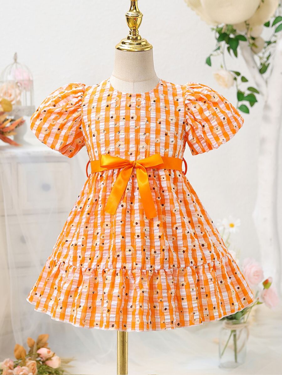 小女童雙色格子和印花泡泡袖荷葉邊繫腰帶洋裝