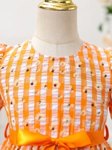 小女童雙色格子和印花泡泡袖荷葉邊繫腰帶洋裝