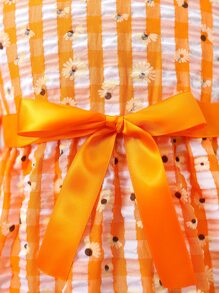 小女童雙色格子和印花泡泡袖荷葉邊繫腰帶洋裝