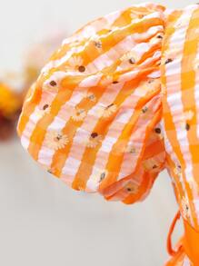 小女童雙色格子和印花泡泡袖荷葉邊繫腰帶洋裝