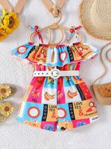 Toddler Girls Fruit & Slogan Graphic Cold Shoulder Ruffle Trim Romper - Multicolor - View 1