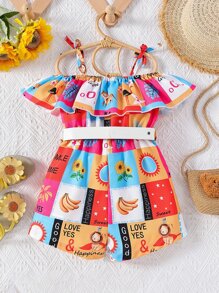 Toddler Girls Fruit & Slogan Graphic Cold Shoulder Ruffle Trim Romper - Multicolor - View 2