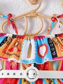 Toddler Girls Fruit & Slogan Graphic Cold Shoulder Ruffle Trim Romper - Multicolor - View 3