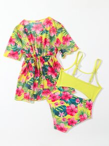 SHEIN Young Girl Tropical Print Cut Out One Piece Swimsuit With Kimono - Multicolor - View 2