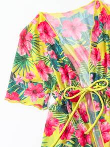SHEIN Young Girl Tropical Print Cut Out One Piece Swimsuit With Kimono - Multicolor - View 4