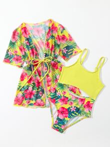 SHEIN Young Girl Tropical Print Cut Out One Piece Swimsuit With Kimono - Multicolor - View 5