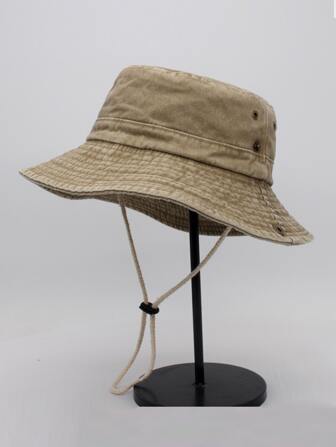 1 件男女通用水洗渔夫帽，纯色抽绳太阳帽，户外休闲运动骑行旅行防晒帽，夏季