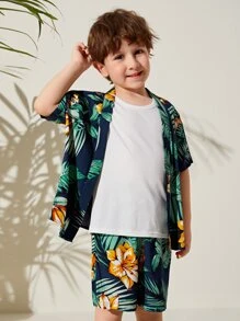 SHEIN 小男童熱帶圖案襯衫和短褲