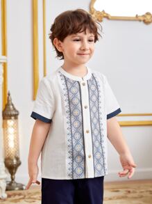 SHEIN 小男童1入組印花拼接邊前紐扣襯衫 - 白色 - 查看 1