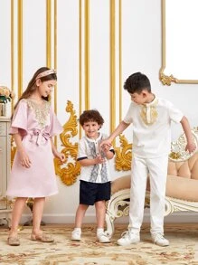 SHEIN 小男童1入組印花拼接邊前紐扣襯衫 - 白色 - 查看 3