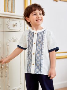 SHEIN 小男童1入組印花拼接邊前紐扣襯衫 - 白色 - 查看 5