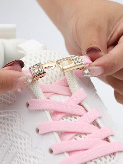 2pcs No-tie Shoelaces With Buckle, Blue Rhinestone Decor Shoes Accessories For Sneakers