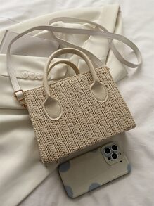 輕盈、休閒、極簡主義的草編包,適用於青少年女孩、大學生,適用於校園、戶外、旅行、外出等活動 - 米色 - 查看 5