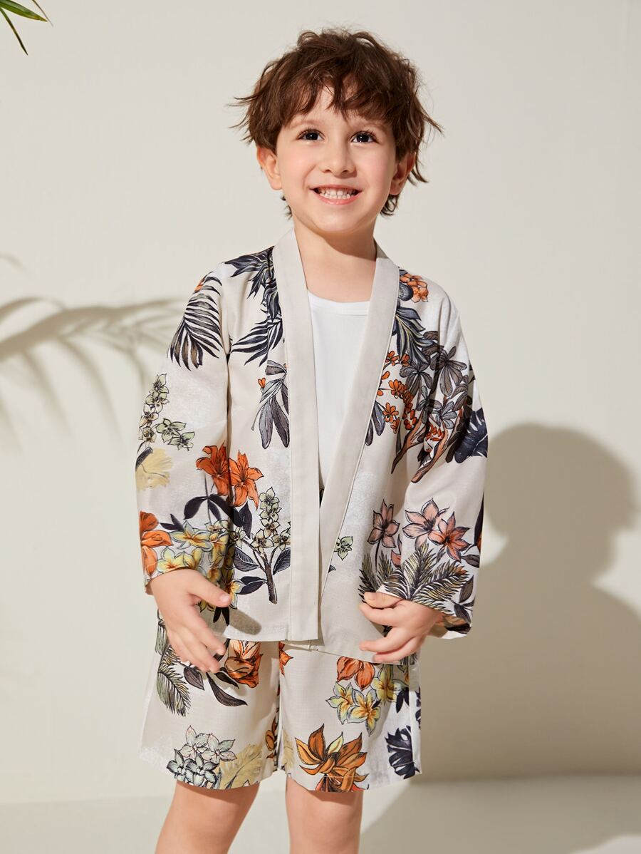 SHEIN Toddler Boys Tropical Print Kimono & Shorts