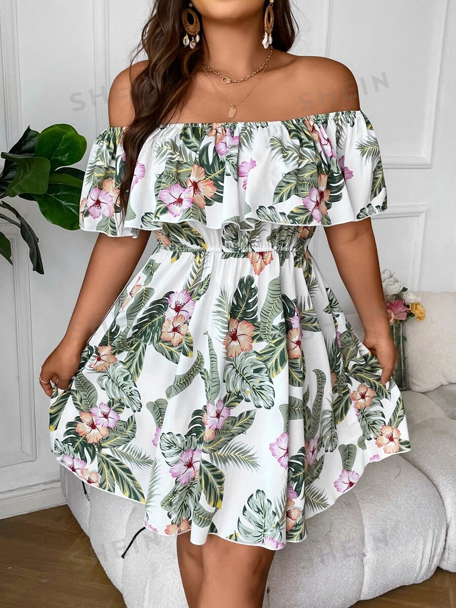 Vionelle Vestido bohemio de verano con hombros descubiertos, volantes y estampado tropical para tallas grandes - Multicolor - Ver 1
