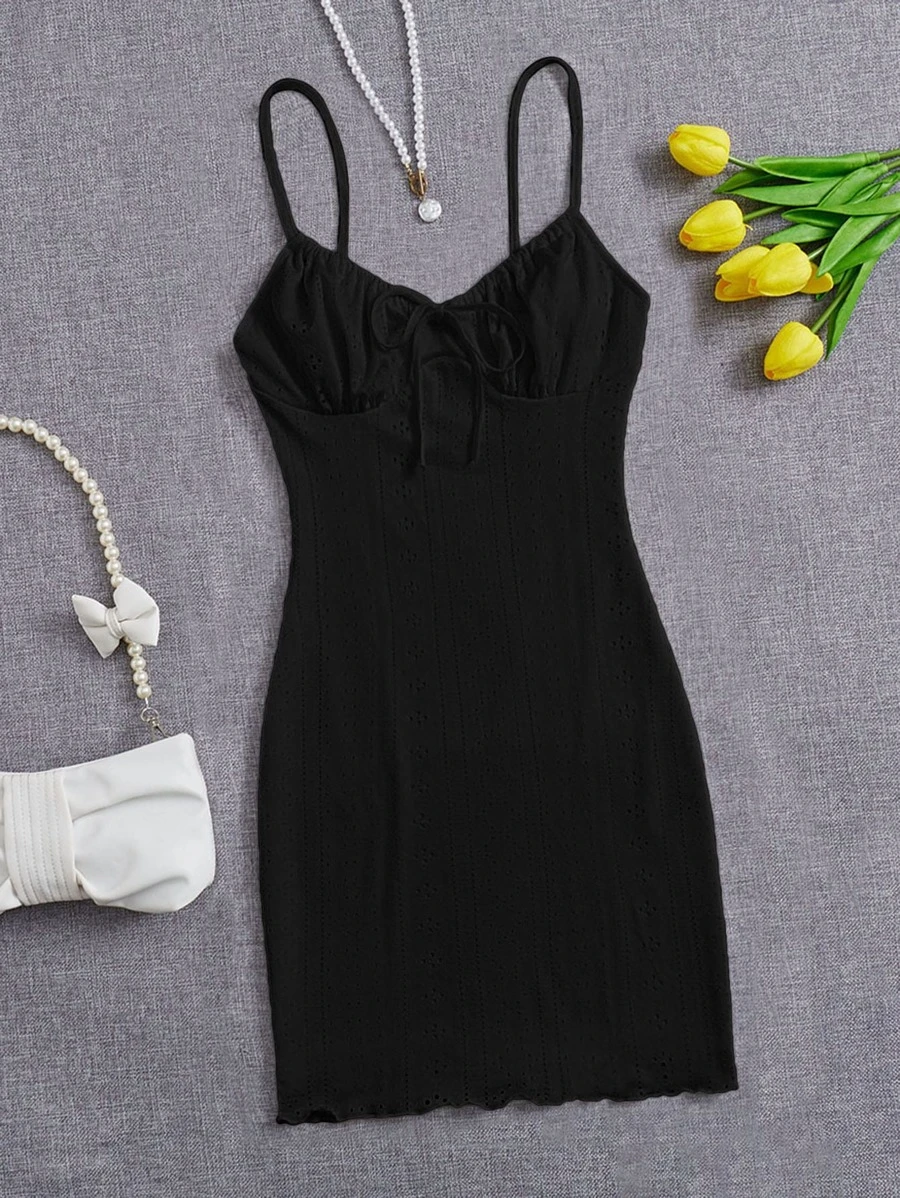 SHEIN EZwear Đầm Xù nhỏ Thắt nơ trước Nếp gấp Phần Ngực màu trơn Giải trí - màu đen - Xem 1