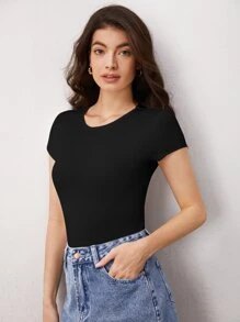 SHEIN BASICS 實心修身t恤連體衣 - 黑色 - 查看 6